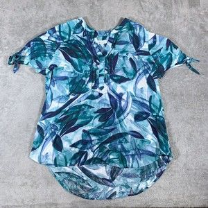 Westbound Floral Blues Whites Green Linen Blend Blouse Size Large Women’s